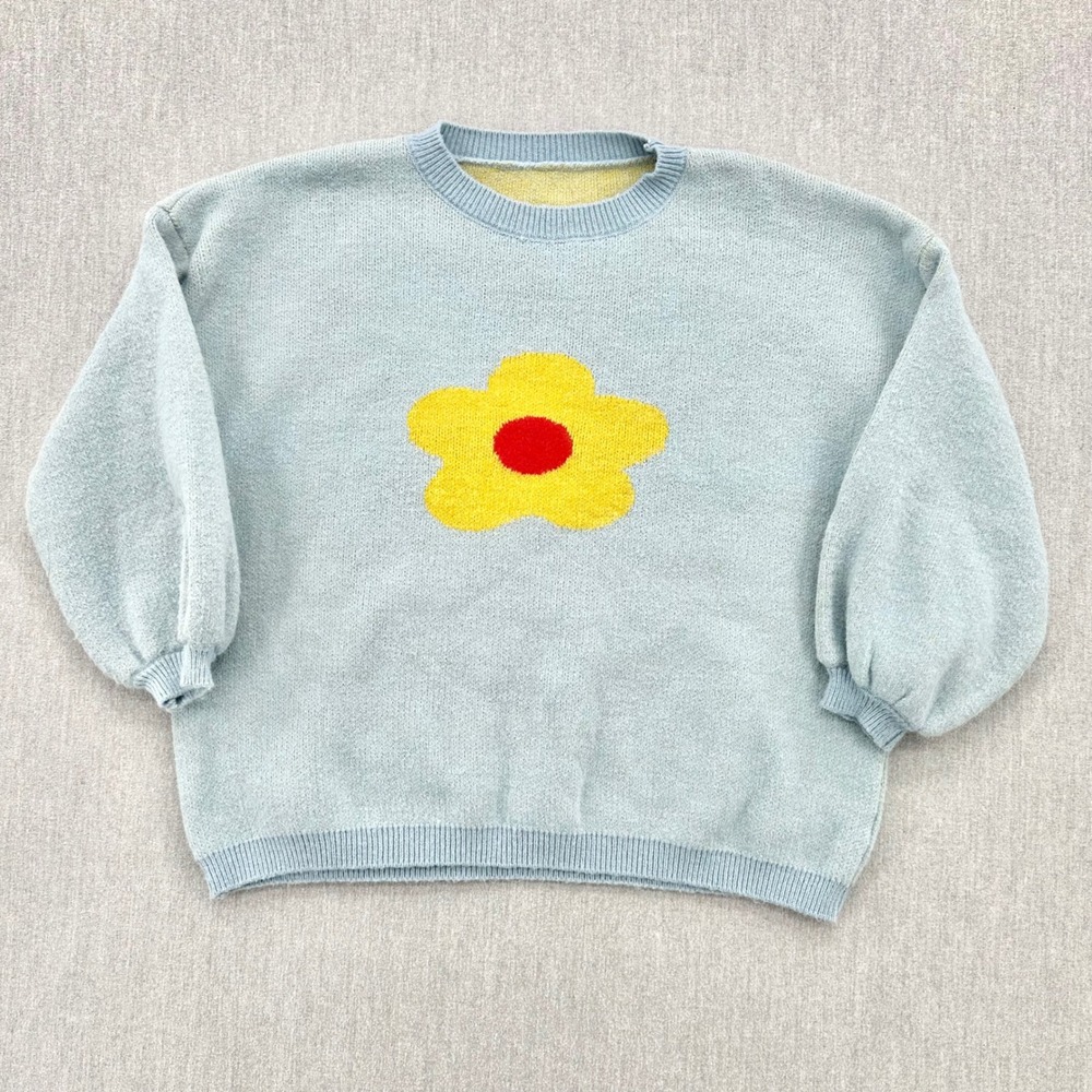 Flower Knit Sweater Womens Size XL Blue Pullover Oversized Kidcore‎ Pastel